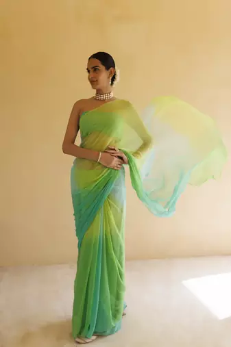 Green shaded mukaish hand embroidered chiffon saree with blouse