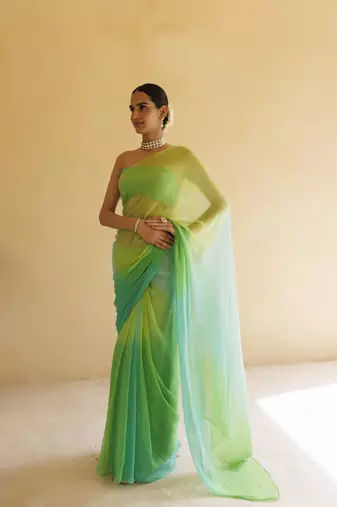 Green shaded mukaish hand embroidered chiffon saree with blouse