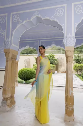   Yellow Blue Shaded Mukaish Hand Embroidered Chiffon Saree with Blouse