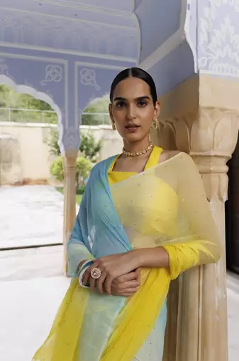   Yellow Blue Shaded Mukaish Hand Embroidered Chiffon Saree with Blouse