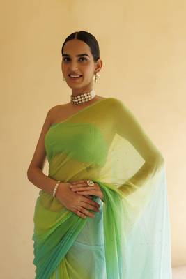 Green shaded mukaish hand embroidered chiffon saree with blouse 5