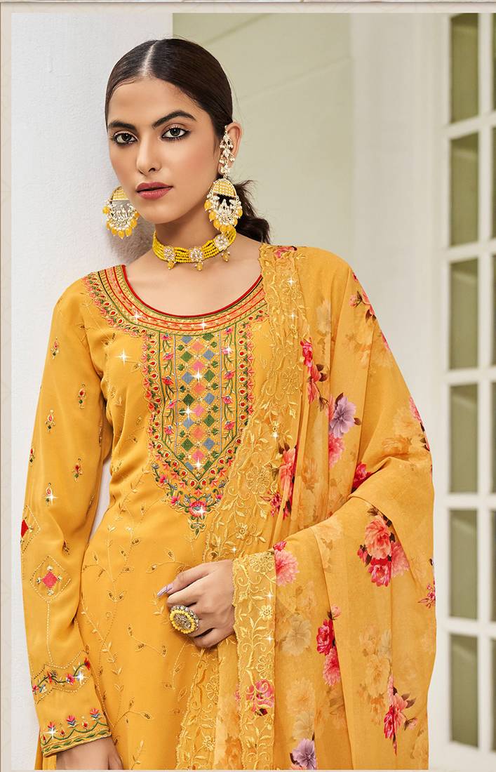 Women Dark Yellow Viscose Reyon Embroidered Salwar Suit