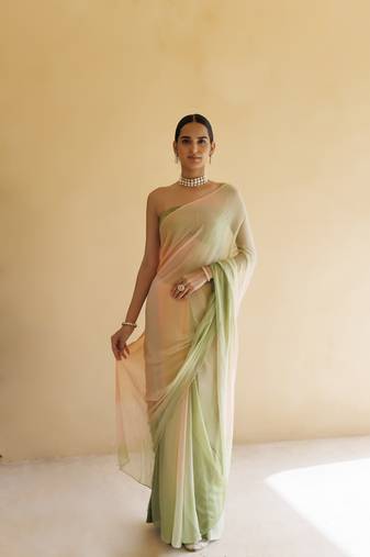 Geroo Jaipur Peach-Green Shaded Mukaish Hand Embroidered Chiffon Saree with Blouse