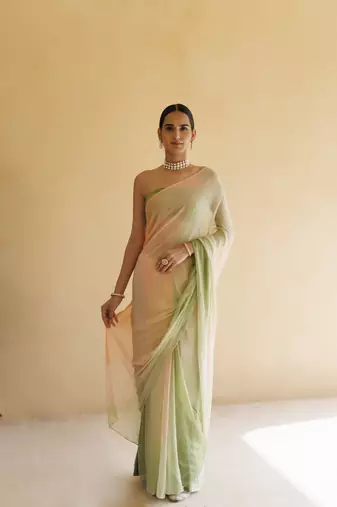  Peach Green Shaded Mukaish Hand Embroidered Chiffon Saree with Blouse