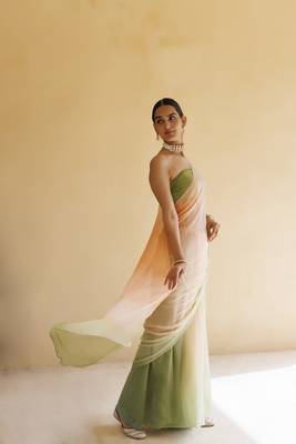   Peach Green Shaded Mukaish Hand Embroidered Chiffon Saree with Blouse 3