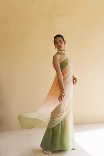   Peach Green Shaded Mukaish Hand Embroidered Chiffon Saree with Blouse