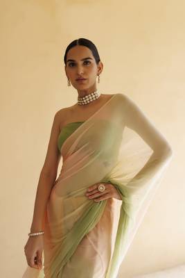   Peach Green Shaded Mukaish Hand Embroidered Chiffon Saree with Blouse 4