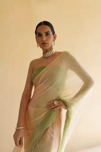   Peach Green Shaded Mukaish Hand Embroidered Chiffon Saree with Blouse