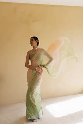   Peach Green Shaded Mukaish Hand Embroidered Chiffon Saree with Blouse 5