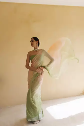   Peach Green Shaded Mukaish Hand Embroidered Chiffon Saree with Blouse