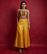 Multi colored top with flared palazzo