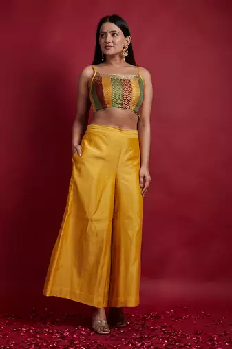Multi colored top with flared palazzo