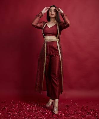 Maroon long shrug jacket set 1