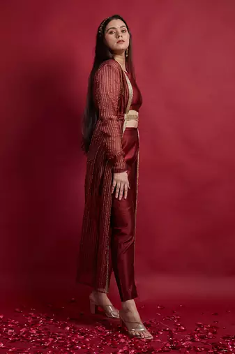 Maroon long shrug jacket set