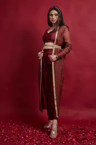 Maroon long shrug jacket set