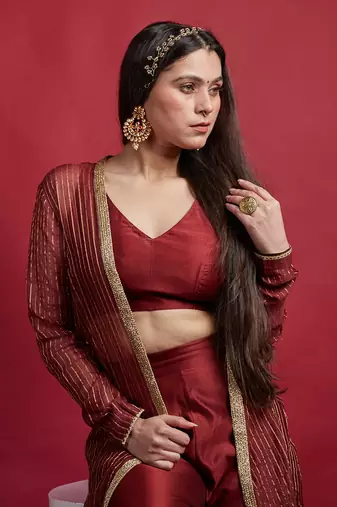 Maroon long shrug jacket set