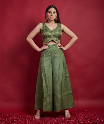 Olive green zari crop top with palazzo 1