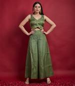 Olive green zari crop top with palazzo