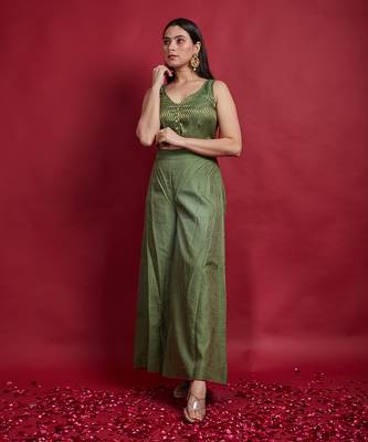 Olive green zari crop top with palazzo 2