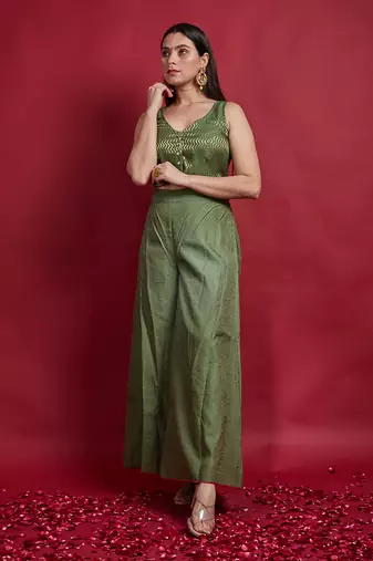 Olive green zari crop top with palazzo