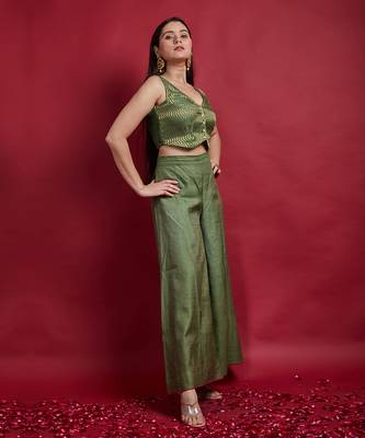 Olive green zari crop top with palazzo 3