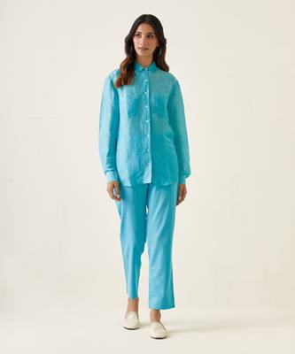 Pastel blue linen silk handloom shirt 1