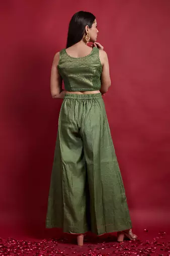 Olive green zari crop top with palazzo