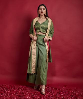 Olive green zari crop top with palazzo 5