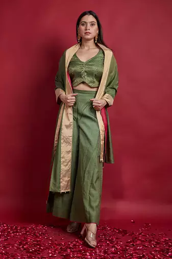 Olive green zari crop top with palazzo