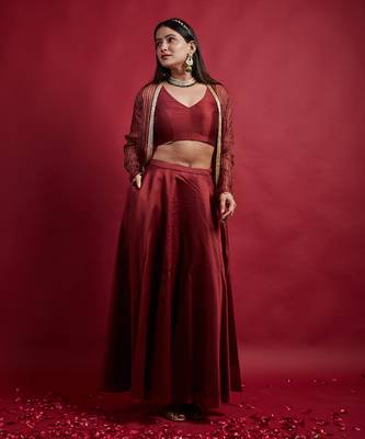 Maroon chanderi handloom skirt set 1
