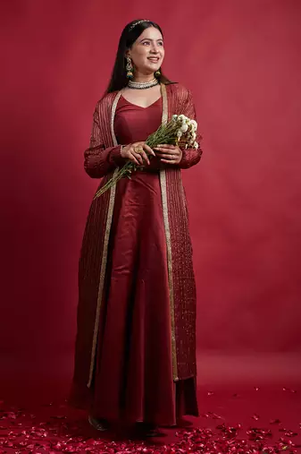 Maroon chanderi handloom skirt set