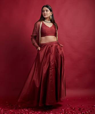 Maroon chanderi handloom skirt set 3