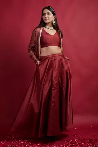 Maroon chanderi handloom skirt set
