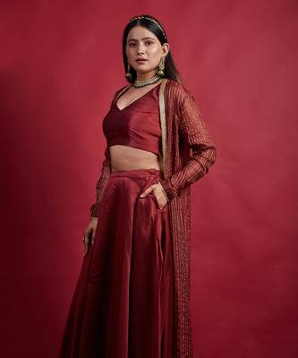 Maroon chanderi handloom skirt set 4