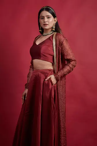 Maroon chanderi handloom skirt set