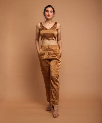 Gold zari crop top with high waist pants 1
