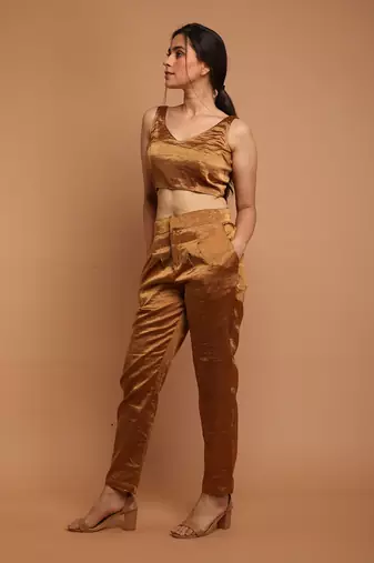 Gold zari crop top with high waist pants