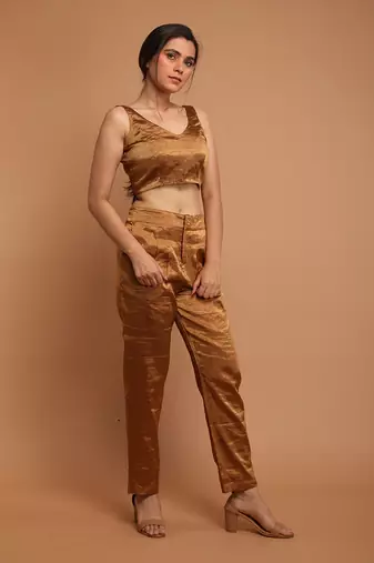 Gold zari crop top with high waist pants