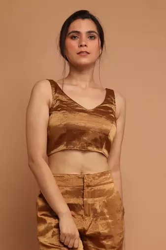 Gold zari crop top with high waist pants