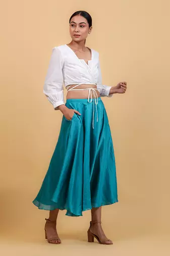 Aqua blue & white cotton skirt set