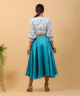 Aqua blue hand block printed skirt set 2