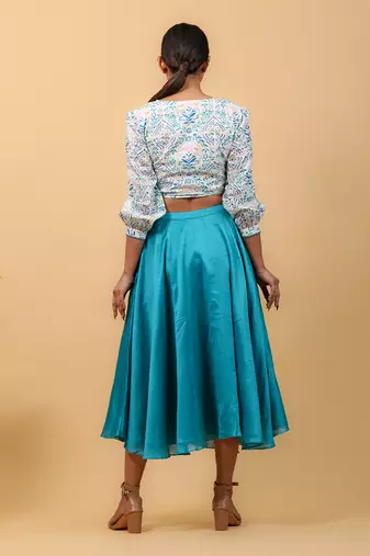Aqua blue hand block printed skirt set
