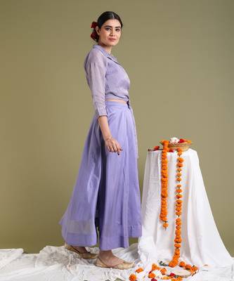 Lavendar tissue wrap top with flared skirt set 3