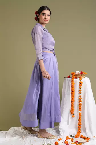 Lavendar tissue wrap top with flared skirt set