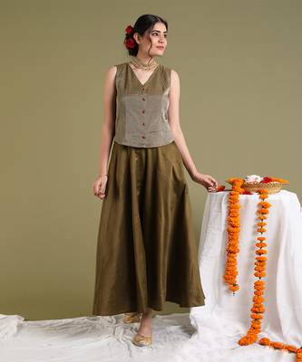 Tabacco brown top in tissue with flared skirt set 1