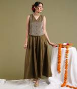 Tabacco brown top in tissue with flared skirt set