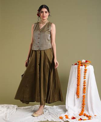 Tabacco brown top in tissue with flared skirt set 2
