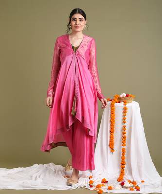 Pink chanderi handloom flared jacket set 1
