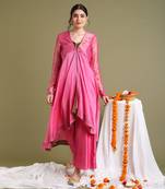 Pink chanderi handloom flared jacket set