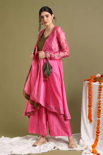Pink chanderi handloom flared jacket set
